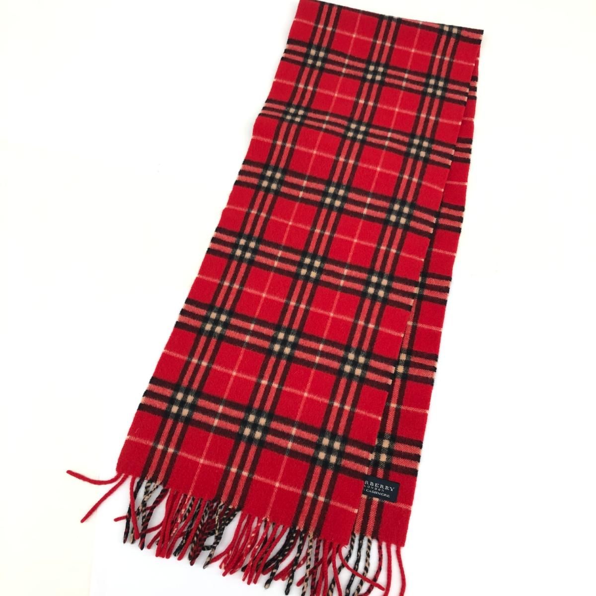 美品⭐️BURBERRY LONDON カシミヤマフラー 赤チェック 英国 男女 ほぼ未使用✨】Burberry バーバリー マフラー カシミヤ 赤 チェック
