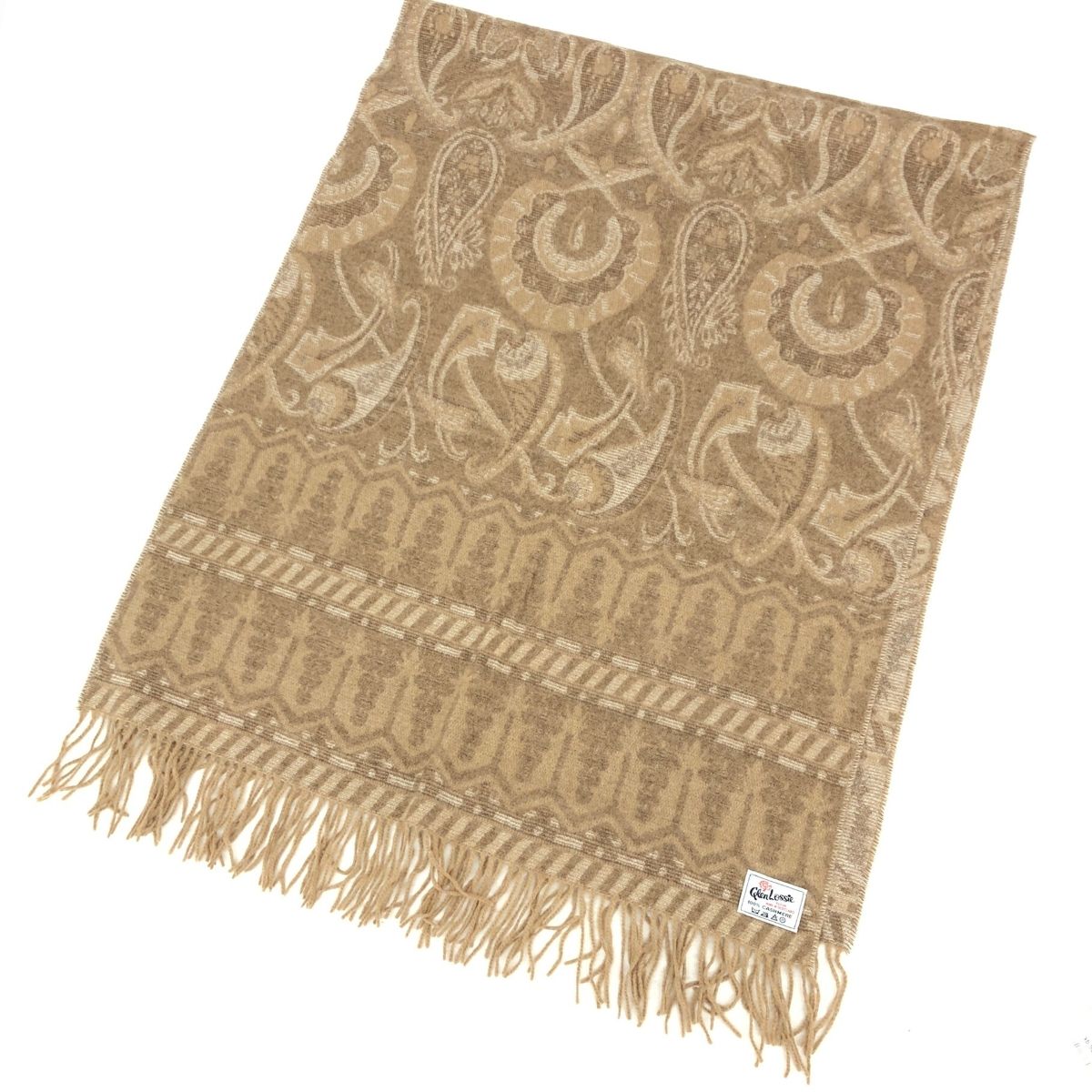 Glen Lossie グレンロッシ 大判ストール カシミヤ100％ 総柄 フリンジ ひざ掛け ブラウン ベージュ レディース