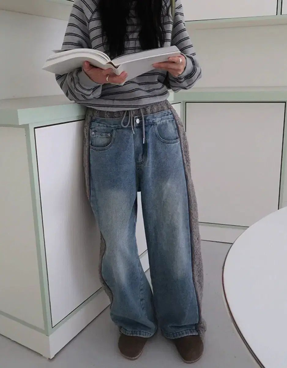 LINENNE boucle banding wide denim blue