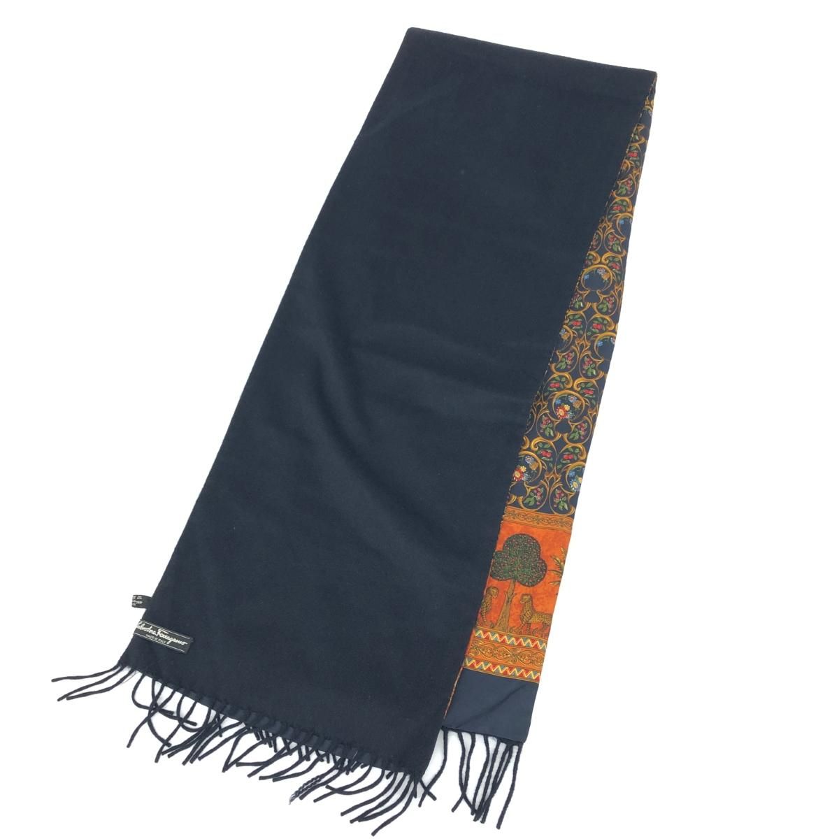 Salvatore Ferragamo サルヴァトーレフェラガモ ストール 片側シルク100％ マフラー フリンジ ネイビー レディース