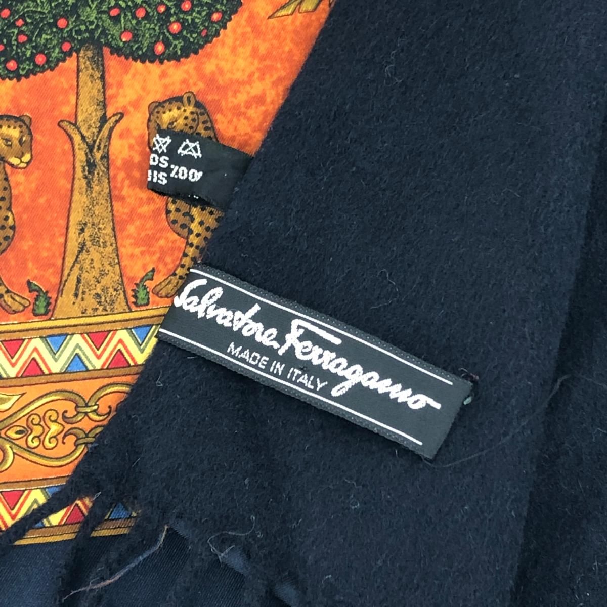  Salvatore Ferragamo サルヴァトーレフェラガモ ストール 片側シルク100％ マフラー フリンジ ネイビー レディース ストール ショール 小物