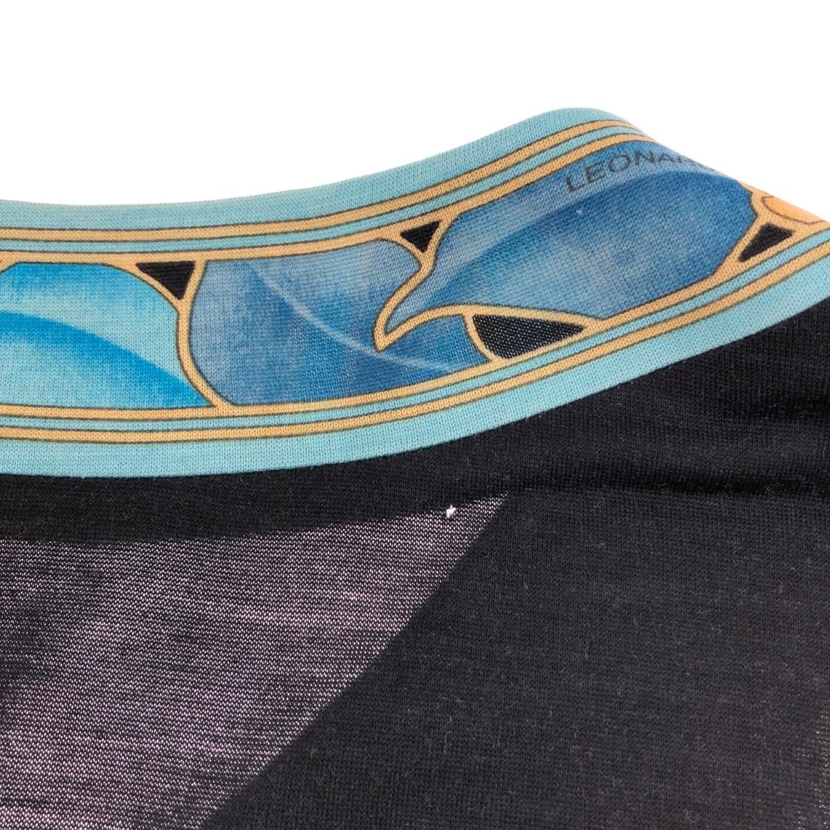 【大きいサイズ LL】レオナール カーディガン 総柄 トリム ウール シルク 美品】レオナール ブラック金ボタンカーディガン シルク混花柄 ウール