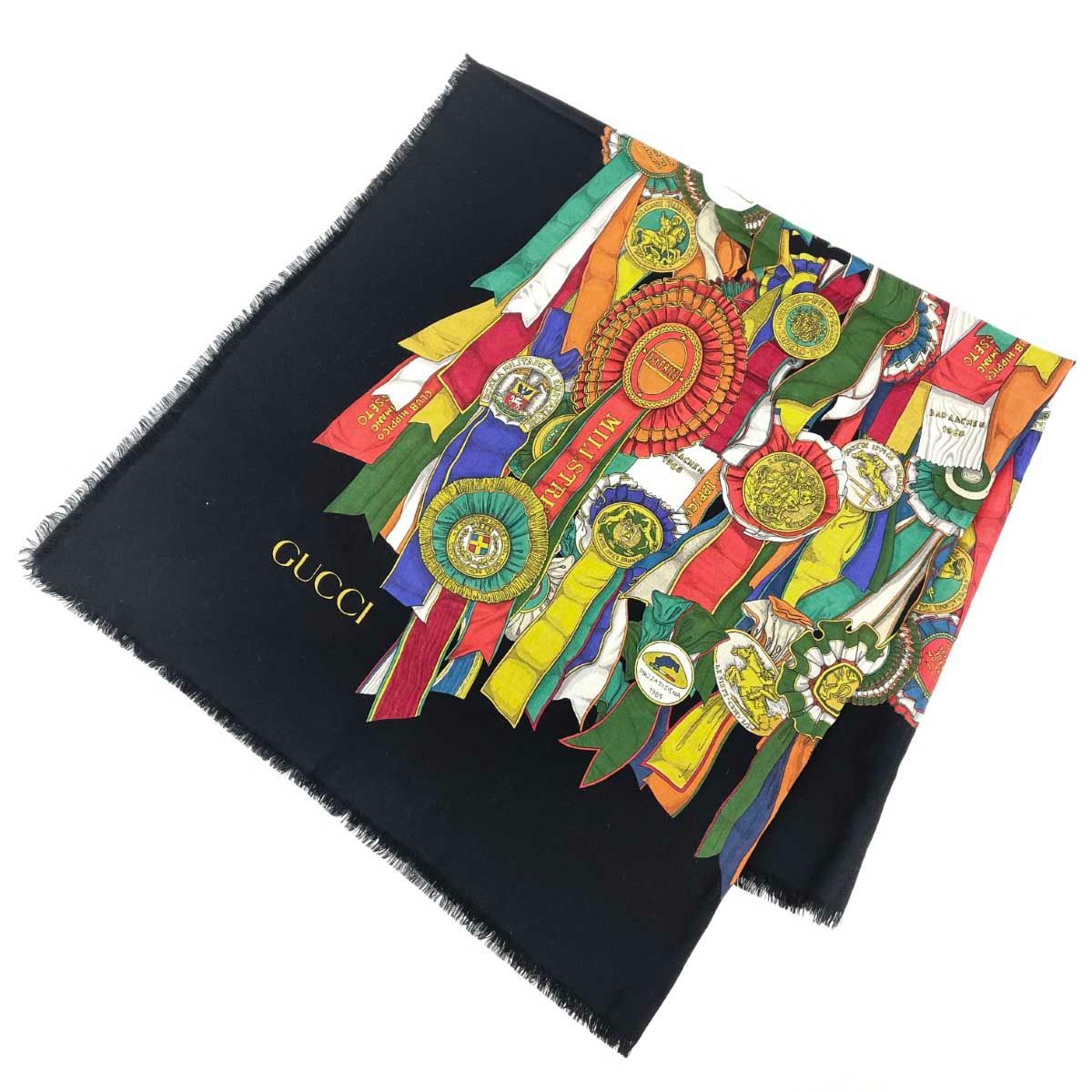 GUCCI グッチ 大判ストール 総柄 ウール100％ ブラック レディース