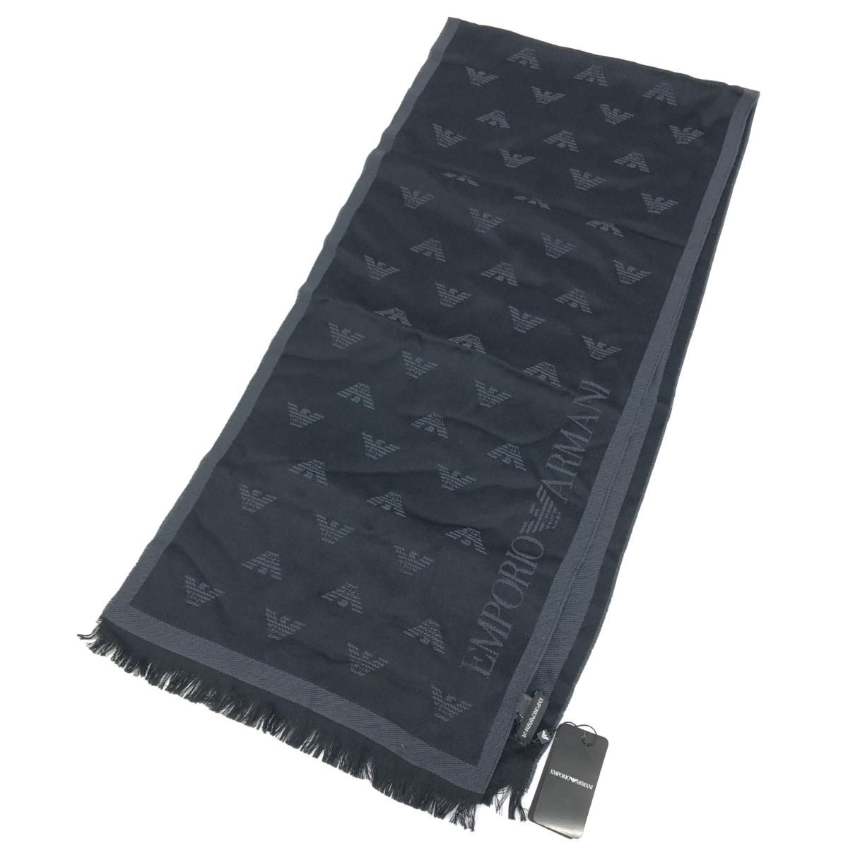 EMPORIO ARMANI エンポリオアルマーニ ストール 総柄 ウール100％ マフラー ブラック メンズ