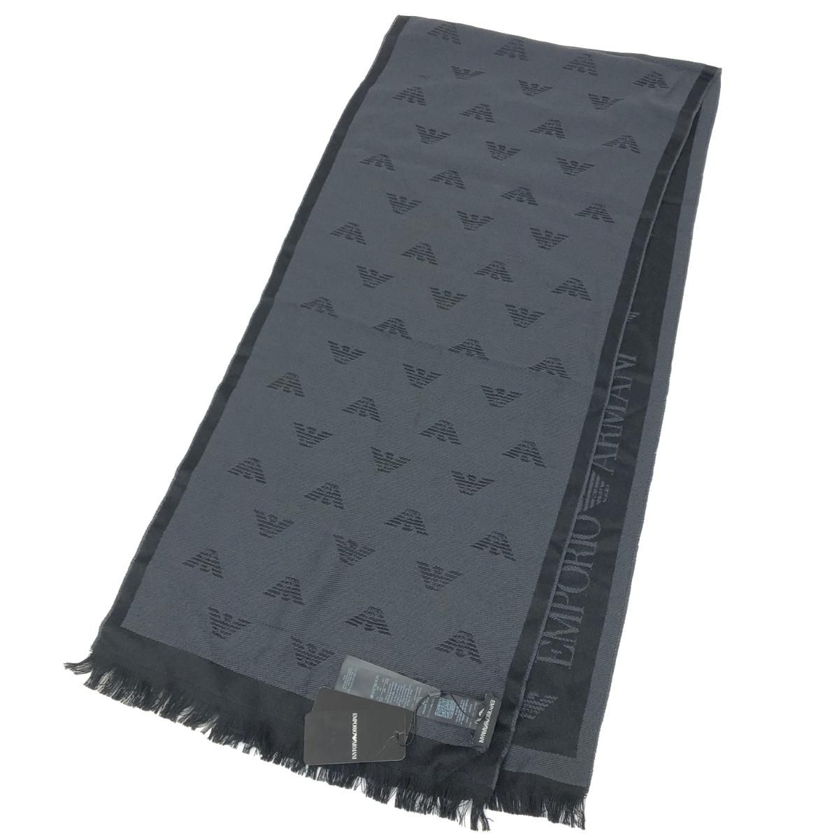 EMPORIO ARMANI エンポリオアルマーニ ストール 総柄 ウール100％ マフラー ブラック メンズ