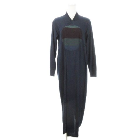 ヨーガンレール JURGEN LEHL ロングワンピース ハイネック Vカット 長袖 ウール 切替 ワンポイント ラウンド ボーダー M 紺 ネイビー /MN1 ■GY44