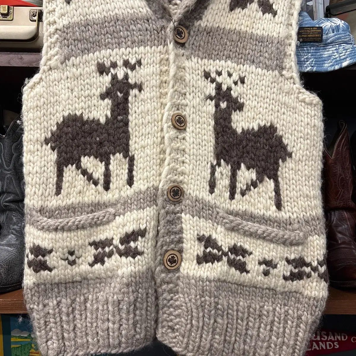 90s Vintage トナカイ パータン カナダ ヘビー ウール カウチン ベスト