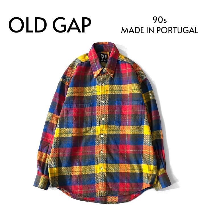 90 s ポルトガル製 GAP オールドギャップ ネルシャツ タータンチェック ボタンダウン ラウンドヘム 長袖 M マルチカラー 古着 132