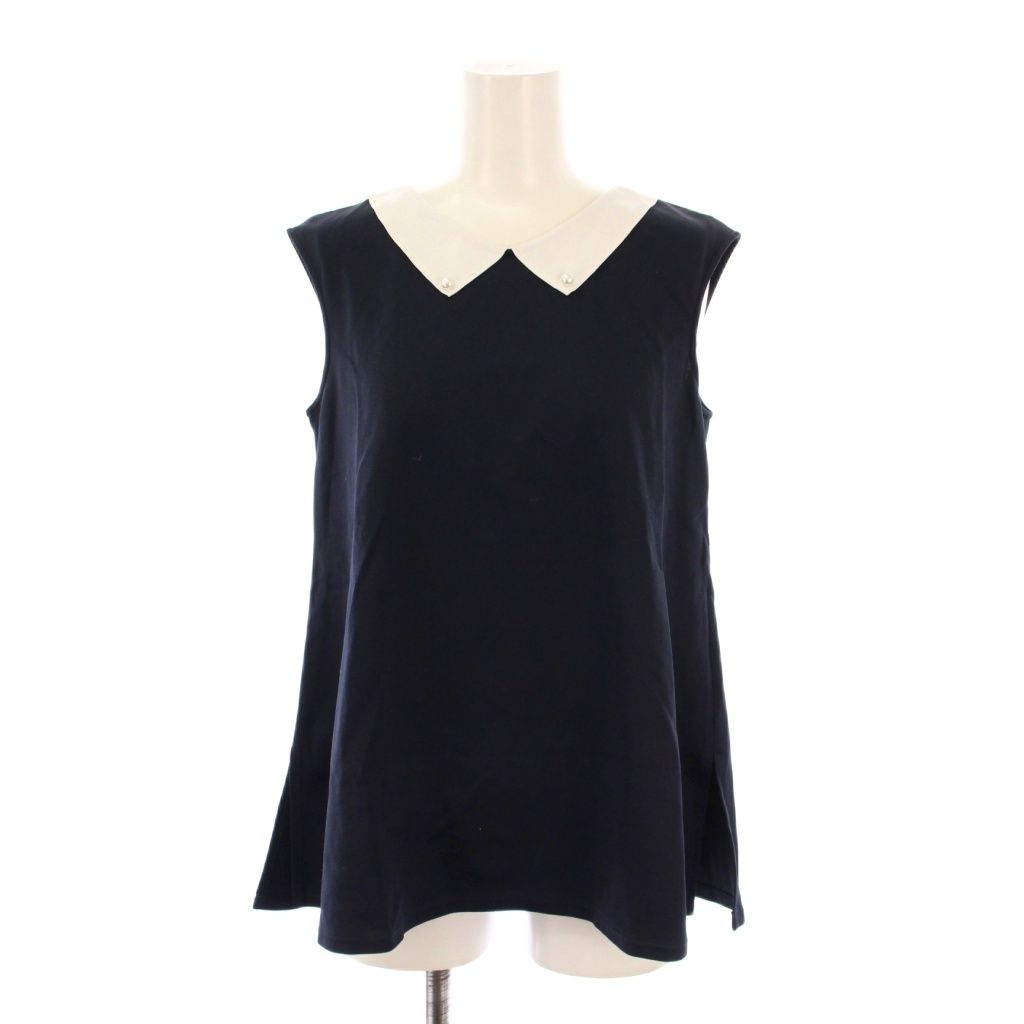 ルネ Rene basic カットソー ノースリーブ レギュラーカラー ストレッチ フェイクパール 装飾 バイカラー 34 紺 ネイビー 白 ホワイト /BB
