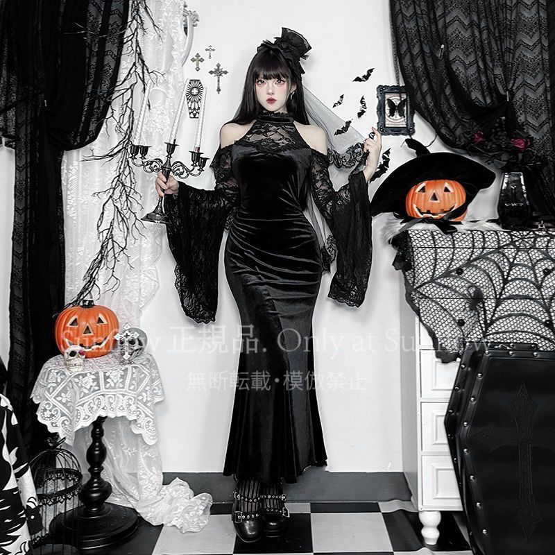 暗黒ゴシック オフショルダー 長袖 ヴィンテージ風 ロングドレス 秋冬用 シックで妖艶なデザイン 包み込むシルエット ウエストシェイプ 女性用 夜会 衣装 撮影会 コスプレ イベント用 プレゼントにも最適