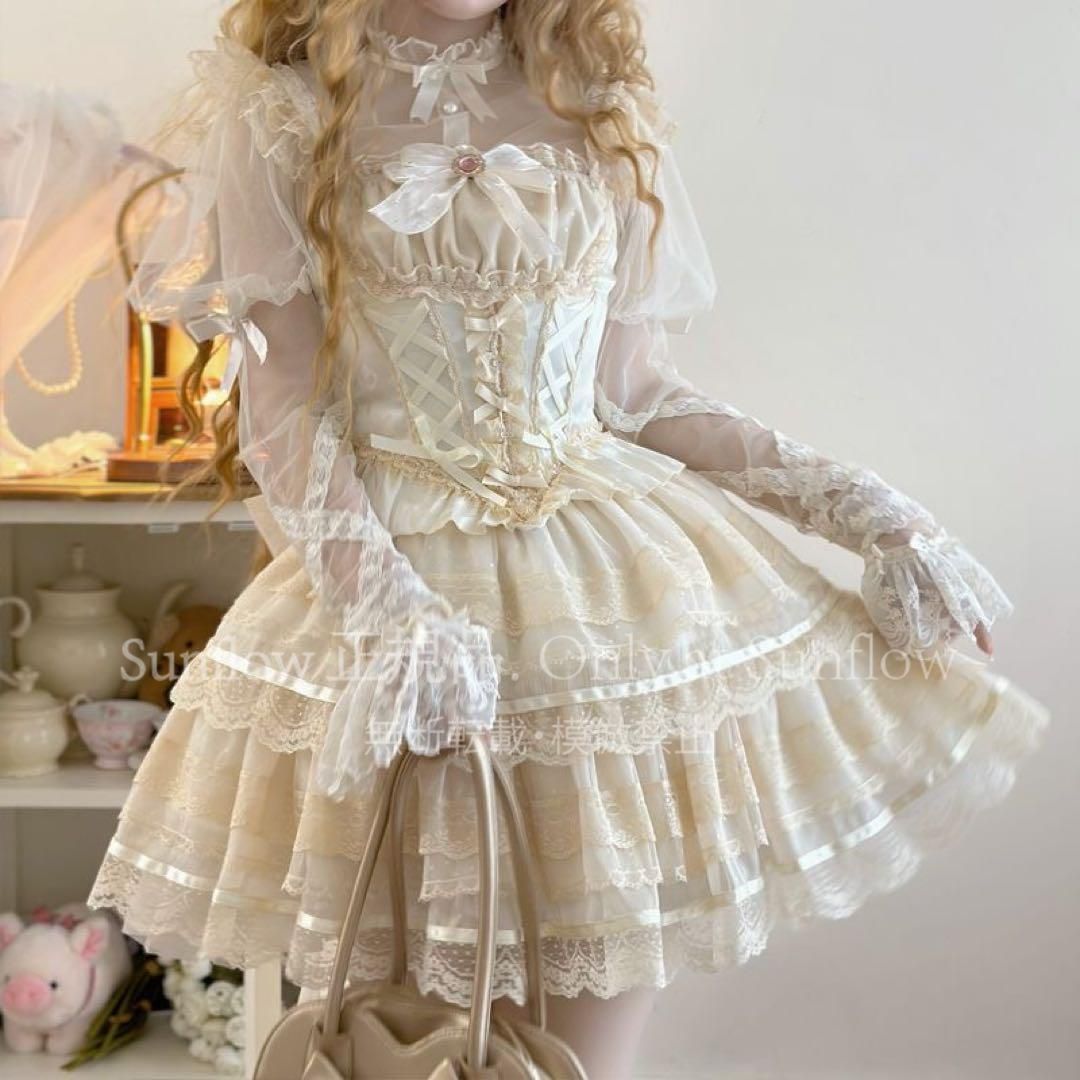 少女恋心 ゴスロリ キャミソール ミニスカート リボン3点セットベージュ