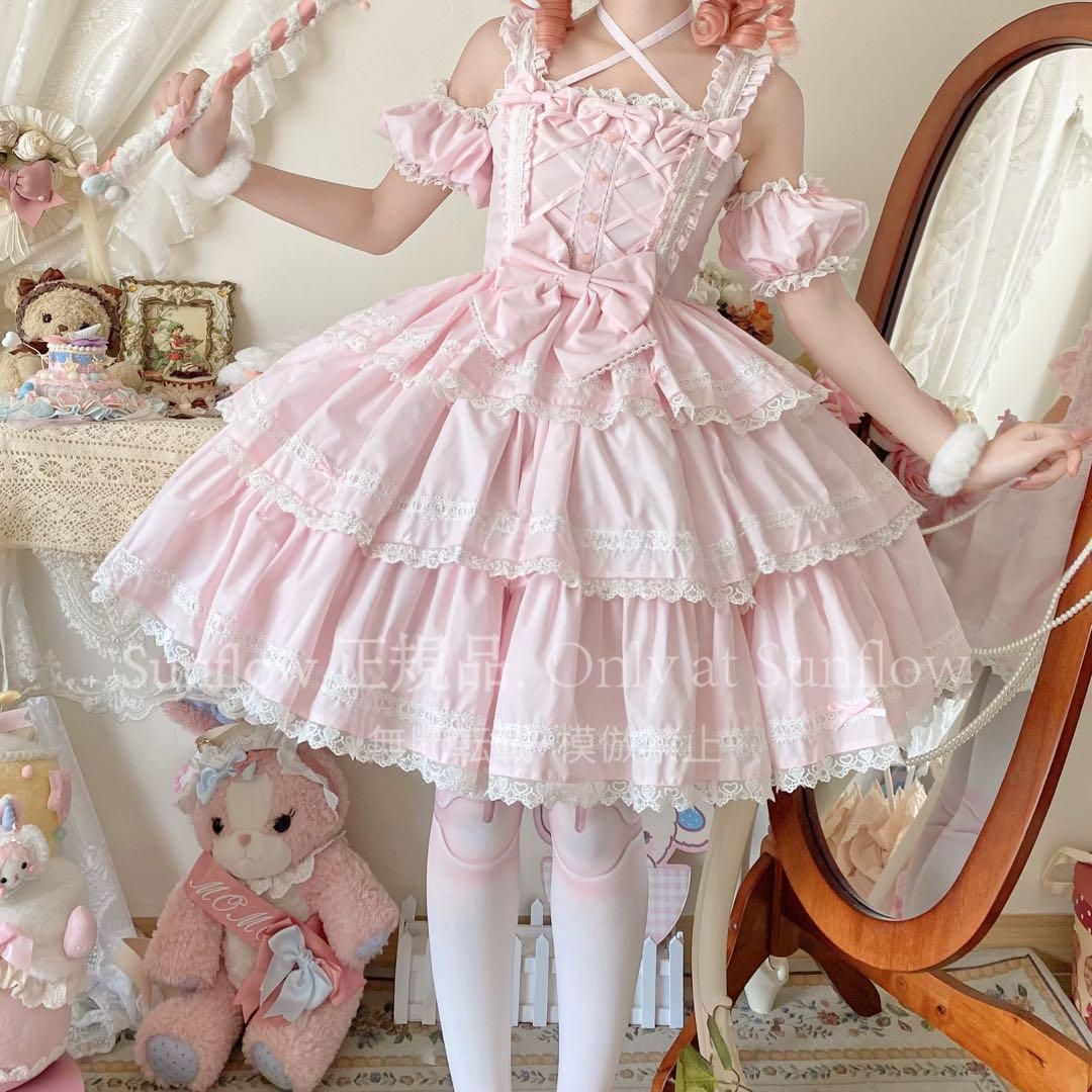 新品未使用】ピンク×レース 3段フリルクラシカルロリータ ワンピース