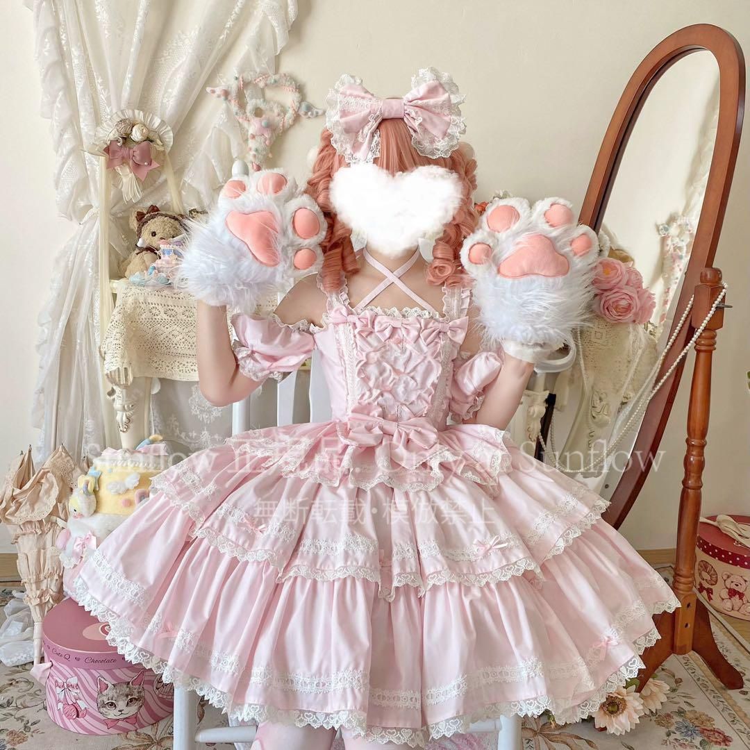 新品未使用】ピンク×レース 3段フリルクラシカルロリータ ワンピース