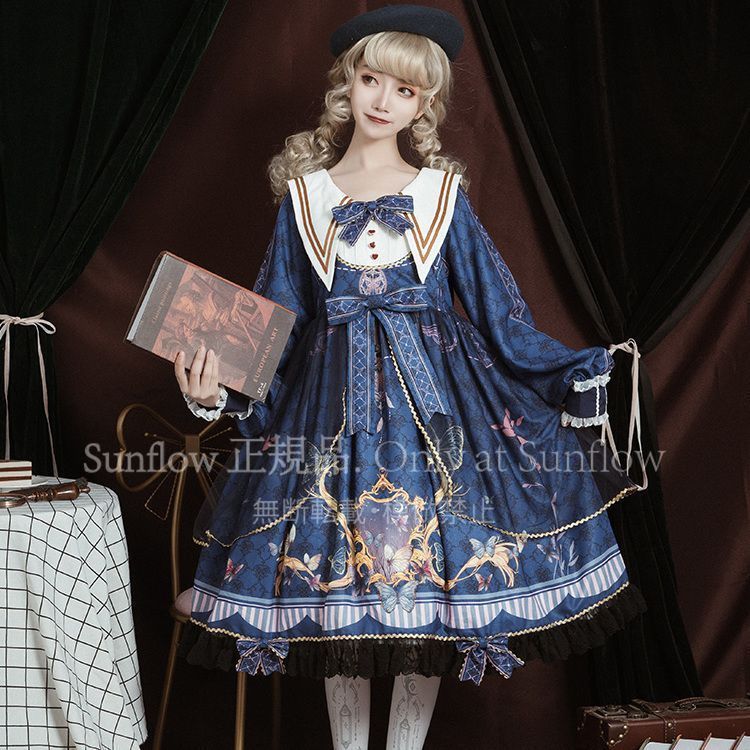 ♥ オリジナルロリータ 蝶恋紛飛OP ロングスリーブ デイリー エレガント プラスサイズ ワンピース ネイビー|ホワイト|ブラック S-2 XL ゴシックロリータ イベント プレゼント