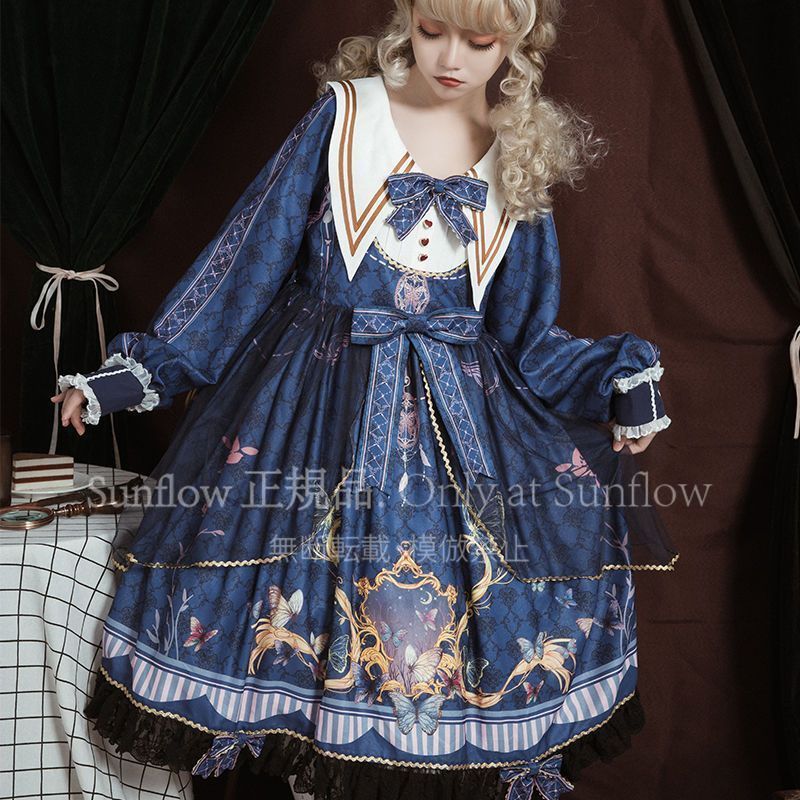 オリジナルロリータ 蝶恋紛飛OP ロングスリーブ デイリー エレガント プラスサイズ ワンピース ネイビー ホワイト ブラック S-2 XL ゴシックロリータ イベント プレゼント