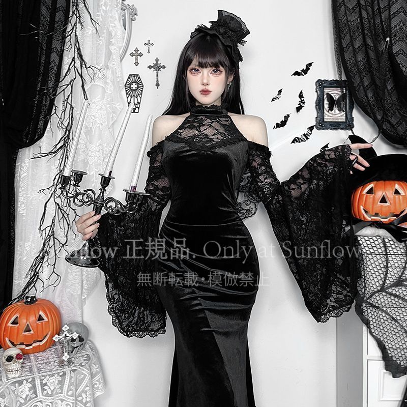 ♥ 暗黒ゴシック オフショルダー 長袖 ヴィンテージ風 ロングドレス 秋冬用 シックで妖艶なデザイン 包み込むシルエット ウエストシェイプ 女性用 夜会 衣装 撮影会 コスプレ イベント用 プレゼントにも最適