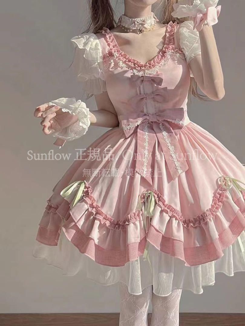 新品未使用】ピンク フリル付きロリータドレス 半袖 ゆめかわいい 姫