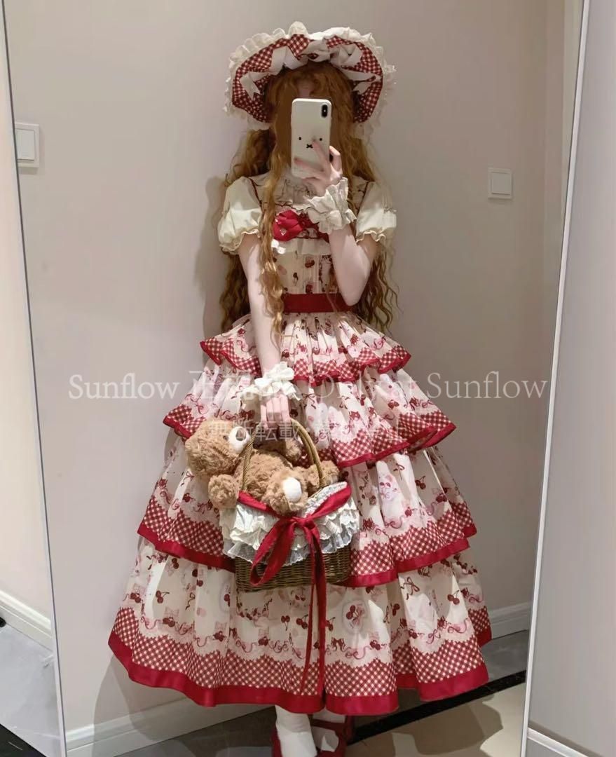 赤チェリー ロリータスカート jsk 春夏ロングワンピース 日常田園風