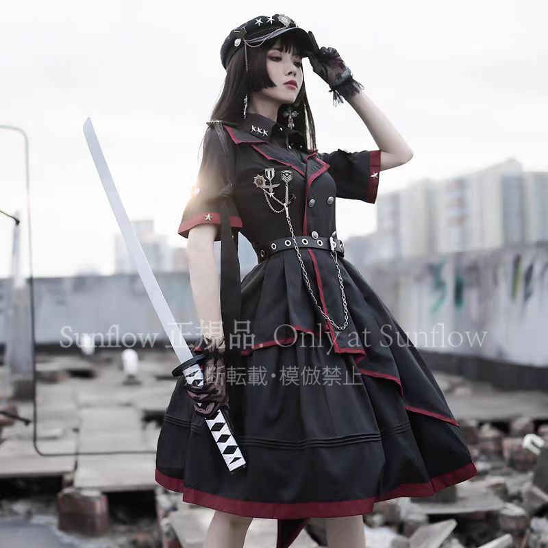 副牌 敗者食塵 OPワンピース 軍服風 ロリータファッション フルセット ゴシック風 デザイン 十字架装飾 ブラック×レッド 制服風OP 豪華セット 仮装 イベント用 撮影会に最適
