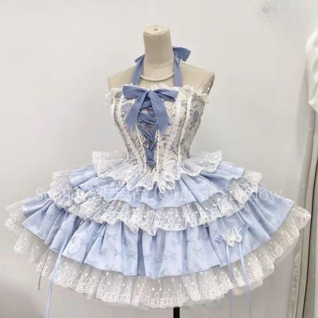 ゴスロリロリータドレス 水色 クリーム色ロリータセット 仮装 フリル かわいい 撮影会 舞台 イベント