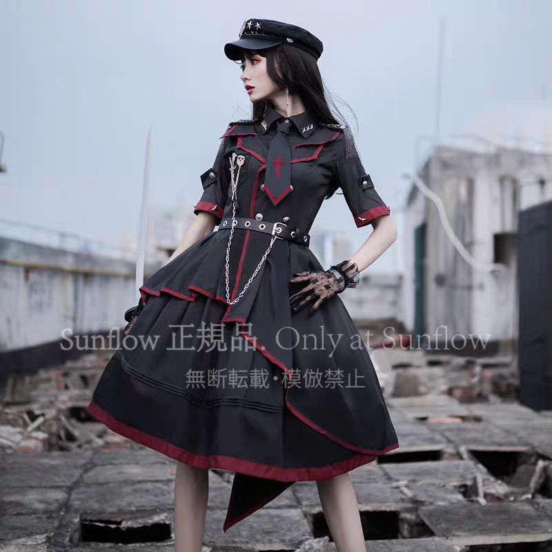 副牌 敗者食塵 OPワンピース 軍服風 ロリータファッション フルセット ゴシック風 デザイン 十字架装飾 ブラック×レッド 制服風OP 豪華セット 仮装 イベント用 撮影会に最適