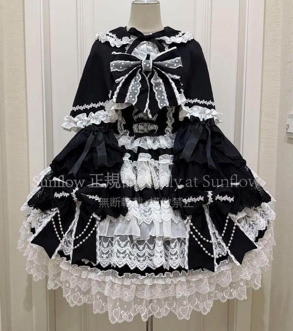♥ 十字心結 ゴスロリ?ロリータドレスフリル付き ロリィタドレス 黒と白