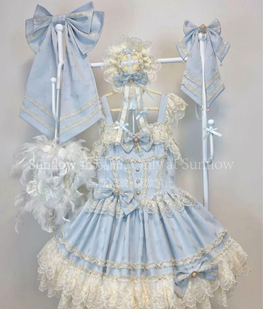♥ ゴスロリ ロリータドレス JSK甘ロリ ロリィタドレス リボン付き 水色