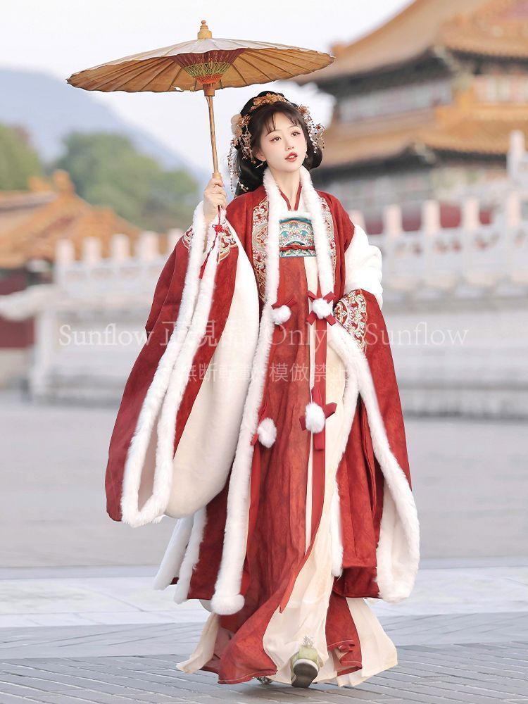 ♥ 漢服 豪華刺繍デザイン 中国風 スイートプリンセス 冬用刺繍入りロングスリーブトップス＆フ スカート 豪華唐風漢服 セットアップ ショール付き 撮影会 舞台演出 推し活 イベント用 プレゼントにも最適