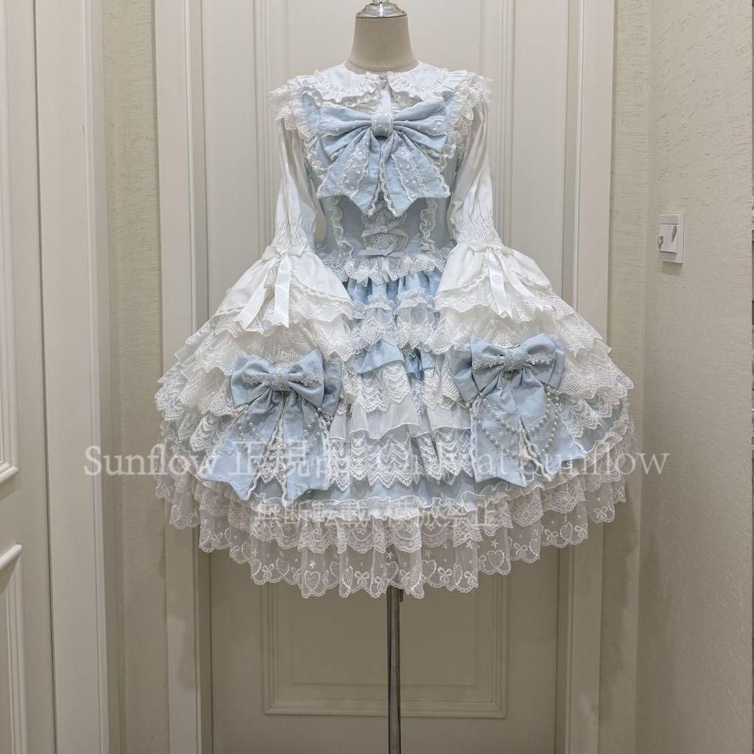 十字心結 ゴスロリ ロリータドレスフリル付き ロリィタドレス 水色