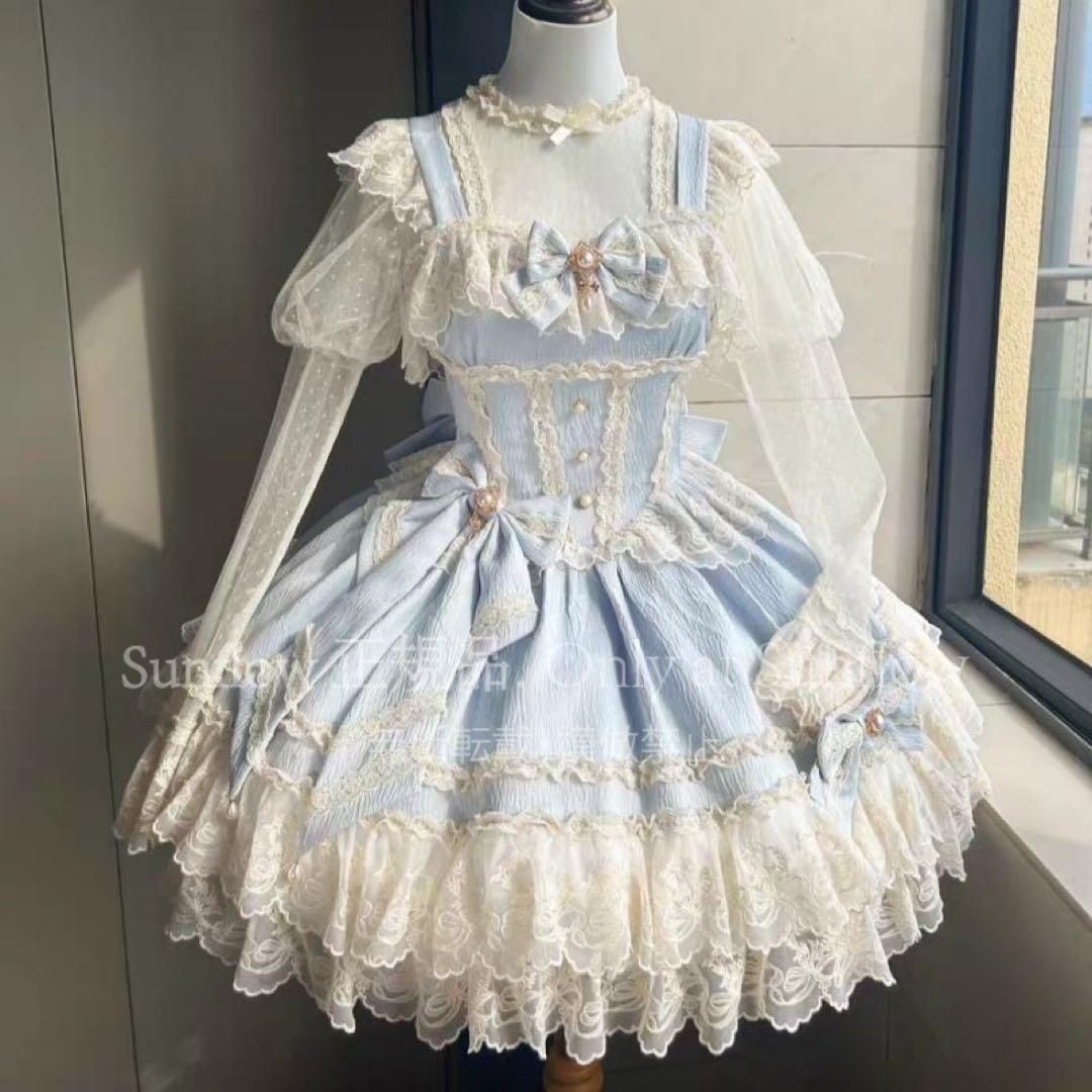 ゴスロリ ロリータドレス JSK甘ロリ ロリィタドレス リボン付き 水色