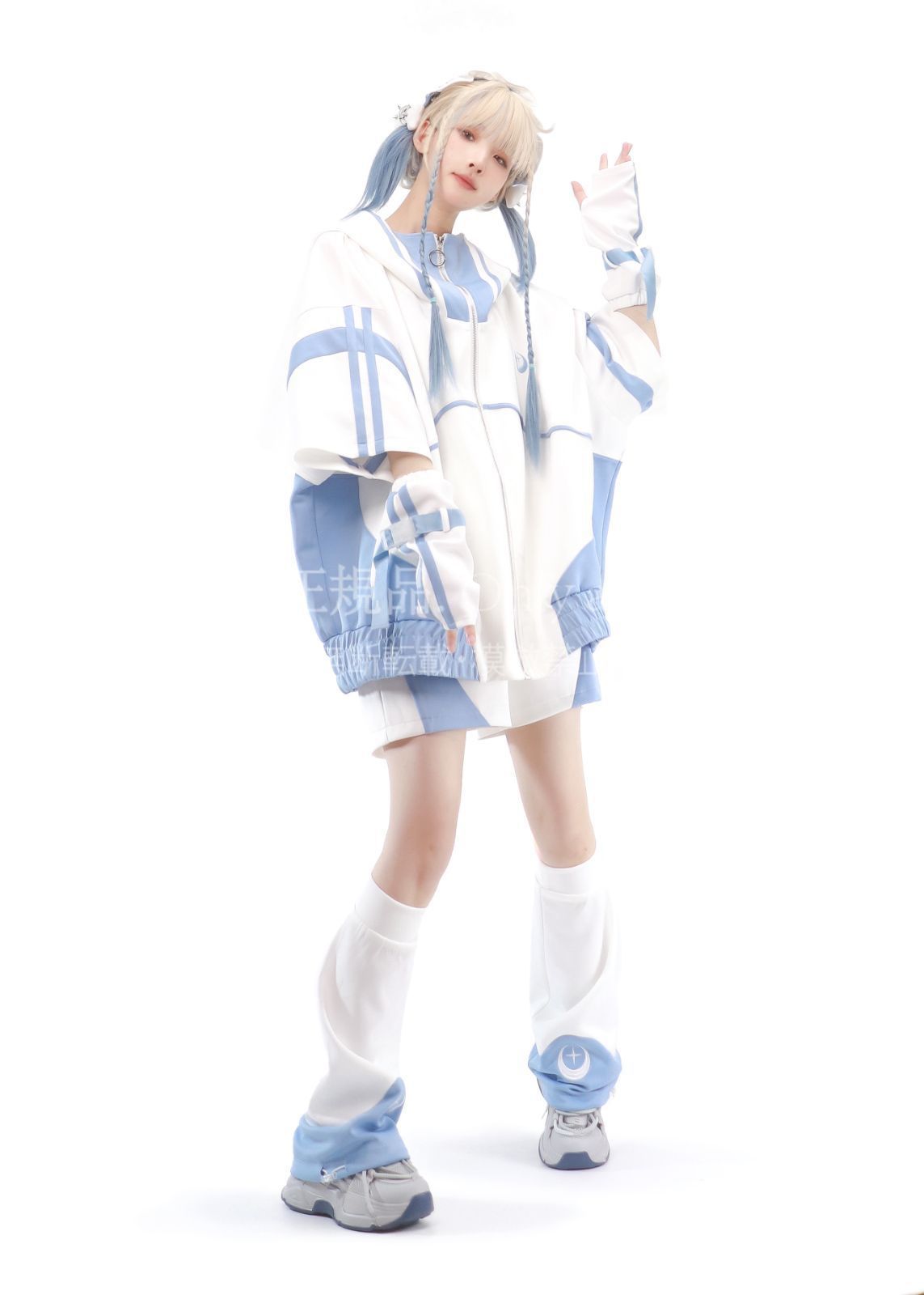  地雷系量産型 スポーツ風 ジャケットセット 白ピンク 半袖 4点セット 長ズボンor短ズボン付き 袖付きデザイン おしゃれ かわいい コスプレ イベント用 春秋冬対応 天使界隈 サブカル 服 パンツセットアップ セットアップ