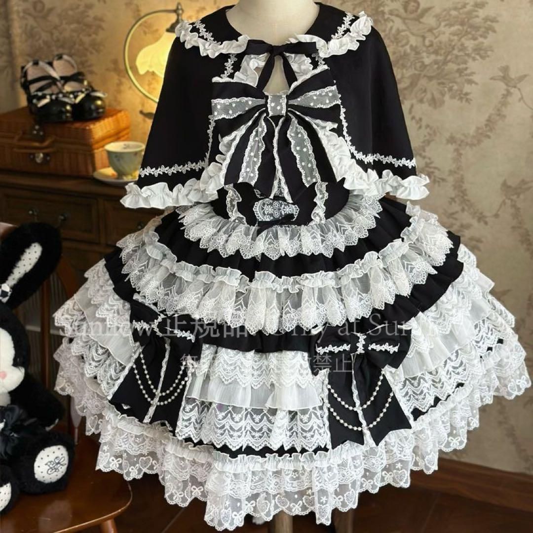 十字心結 ゴスロリ ロリータドレスフリル付き ロリィタドレス 黒と白