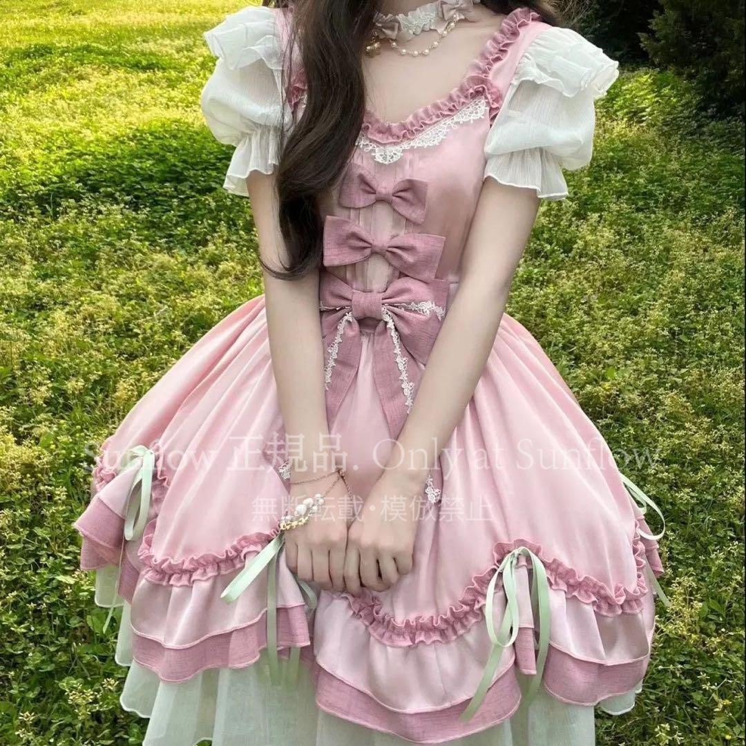 ゴスロリ・ロリータドレス ピンク 新品未使用】ピンク フリル付きロリータドレス 半袖 ゆめかわいい 姫