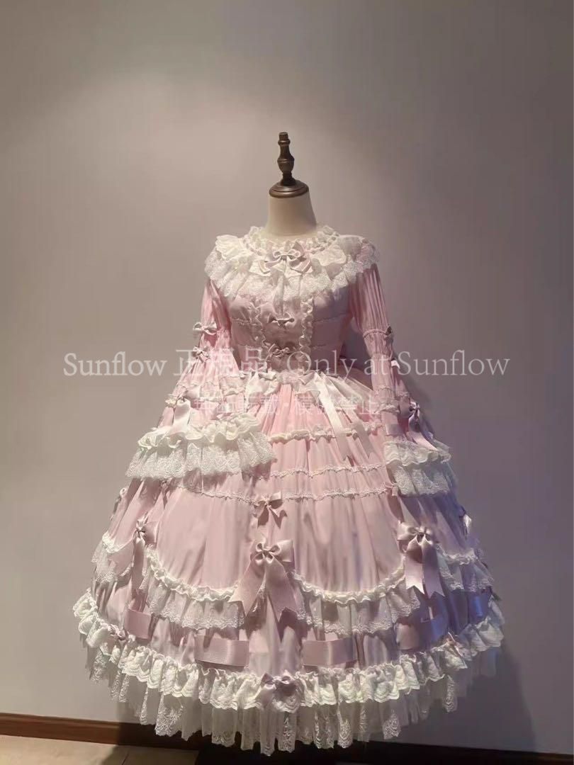 ピンクゴスロリドレス 長袖 ロリータドレス JSK ボンネット リンボ3点セット