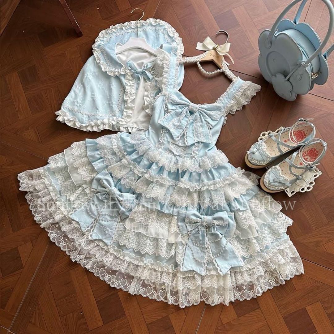  十字心結 ゴスロリ ロリータドレスフリル付き ロリィタドレス 水色 ゴスロリ ロリータ コスプレ衣装