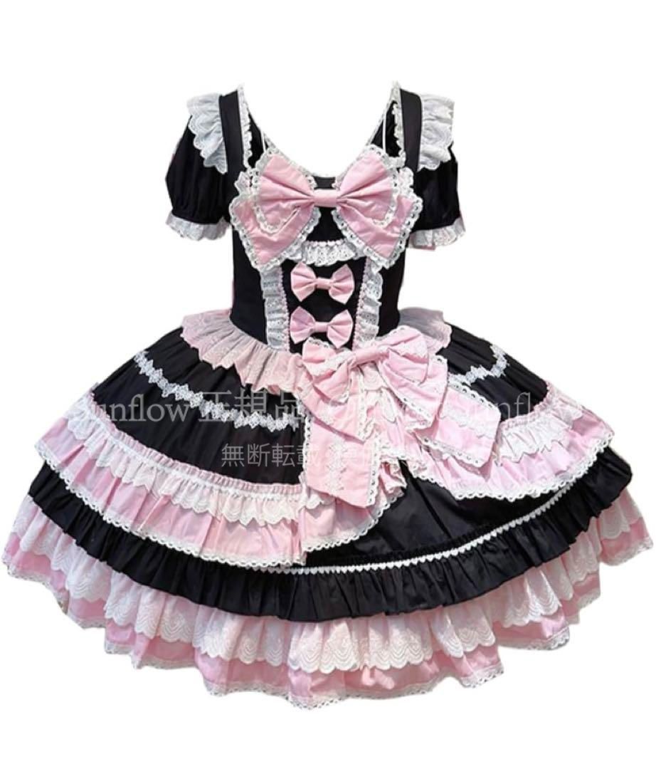 ♥ 韓嬢昭和花蝶 ゴスロリ?ロリータドレス 可愛いop半袖ワンピース フリル蝶結び