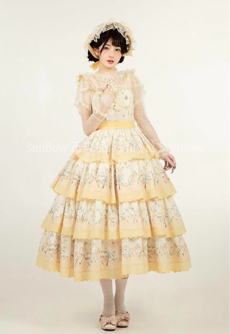 手紙と詩朝花夕拾 田園プリント刺繍四段振りjskロリータドレス 森ガール黄色