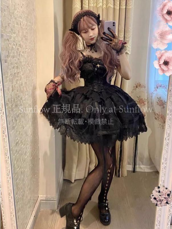 オリジナル ゴスロリ ロリータ Lolita ゴシックローズの檻 エレガント浮き彫りネットレース ストラップドレス 別売