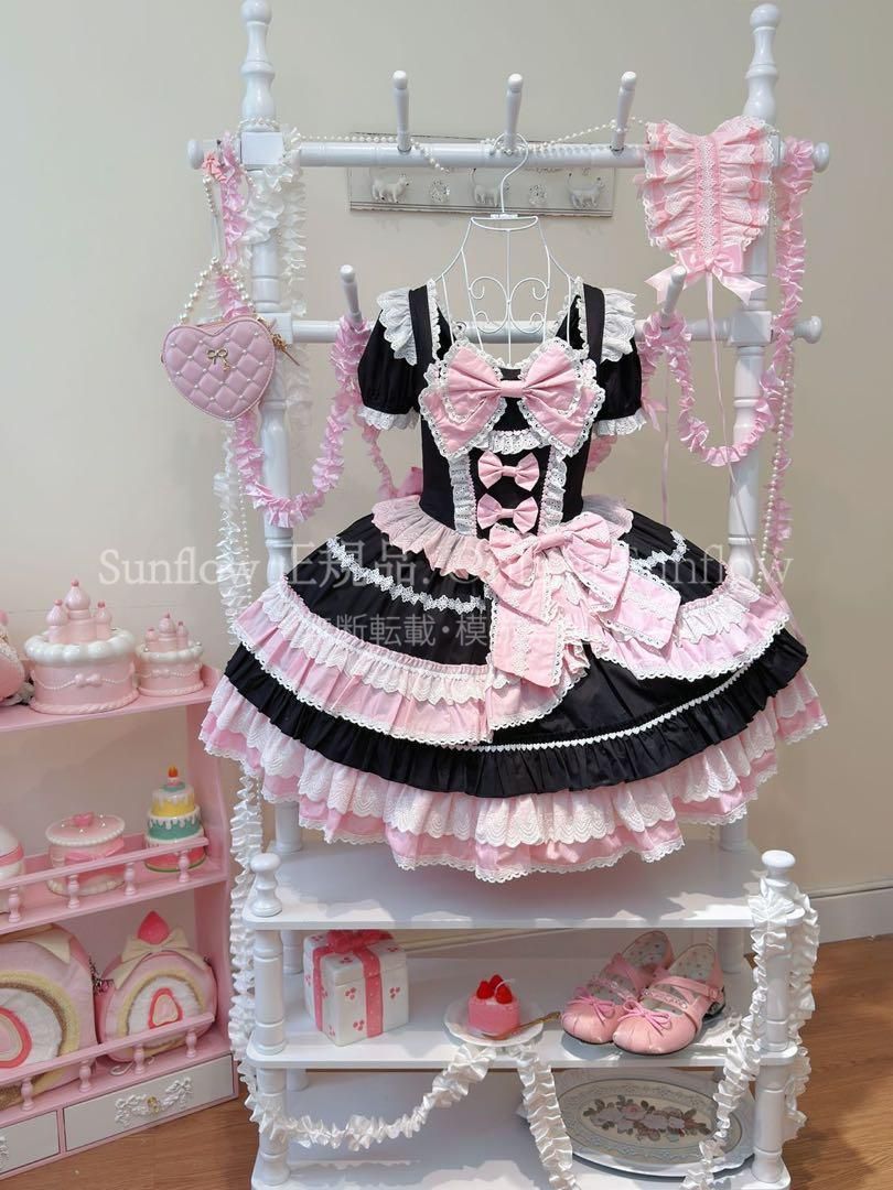 韓嬢昭和花蝶 ゴスロリ ロリータドレス op半袖ワンピース フリル蝶結び