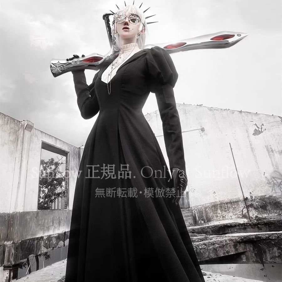  ヴィンテージCLA風 ロリータ パフスリーブ ロングワンピース 暗黒ゴシック フォーマルドレス タイトスカート ミニスカート