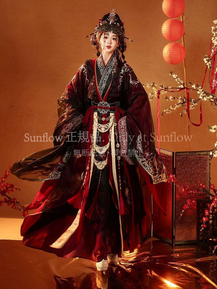 ♥ 漢服 豪華刺繍入り 男女兼用 紅蓮業火 中国伝統風ロングガウン 広袖デザインアウター＆ロングインナーセット 撮影用舞台用イベント用 歴史復元スタイル 高品質コスプレ衣装