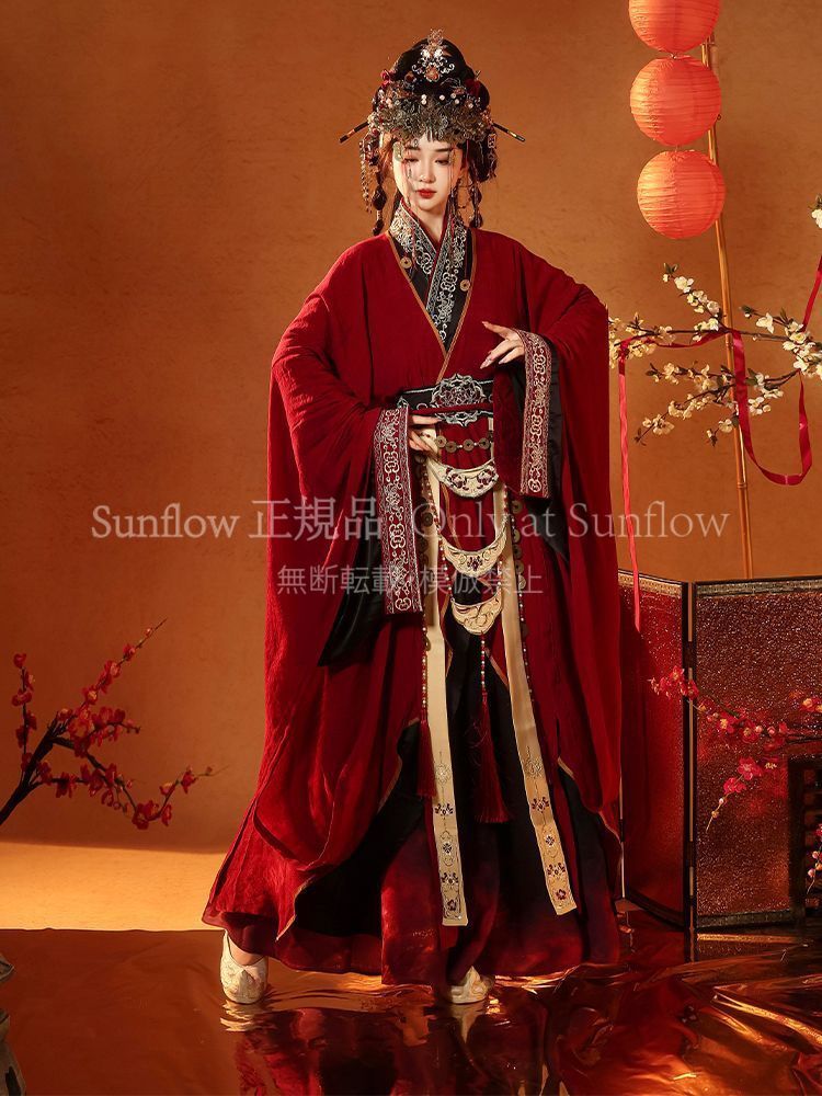 漢服 豪華刺繍入り 男女兼用 紅蓮業火 中国伝統風ロングガウン 広袖デザインアウター＆ロングインナーセット 撮影用舞台用イベント用 歴史復元スタイル 高品質コスプレ衣装