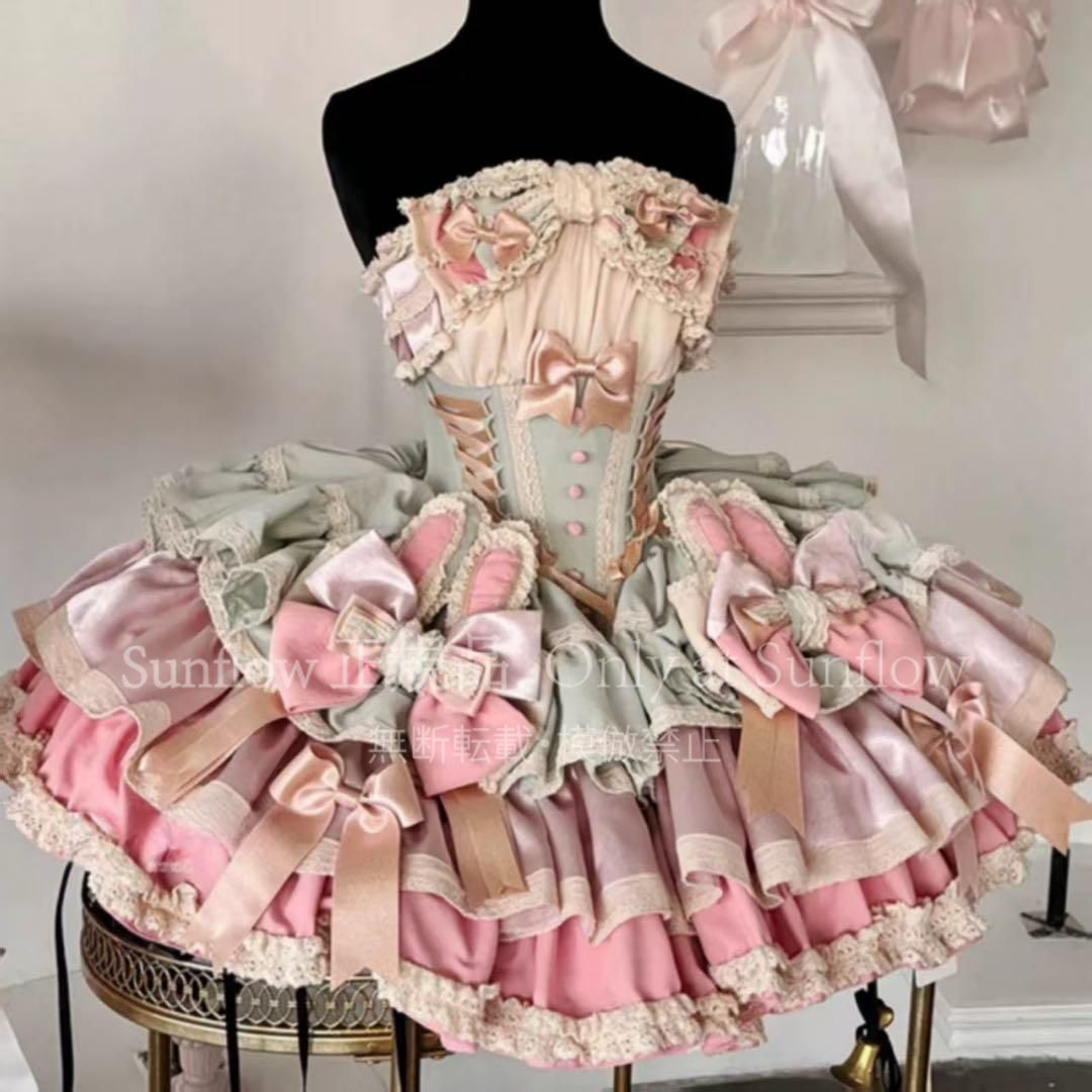 初チェリーウサギ ピンクグリーングラデーション ゴスロリ ロリータドレス