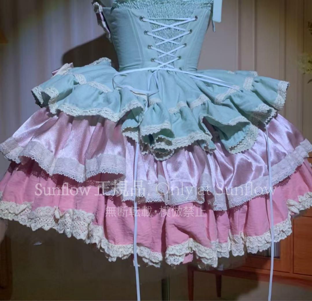 【断捨離】ピンク ゴスロリドレス Ｓサイズ 新品未使用】【初チェリーウサギ】可愛いピンクグリーングラデーション