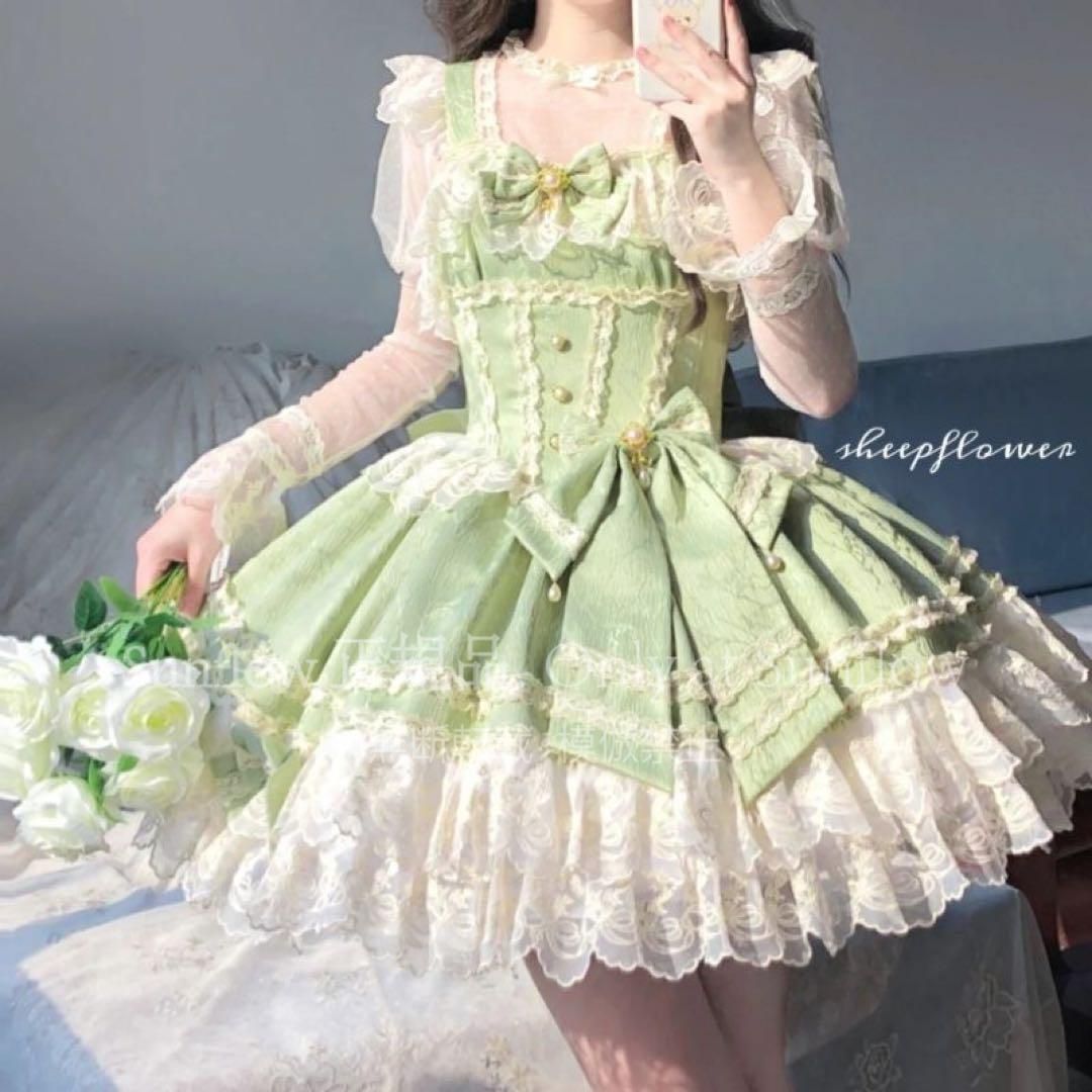 ゴスロリ ロリータドレス JSK甘ロリ ロリィタドレスリボン付き ライトグリーン