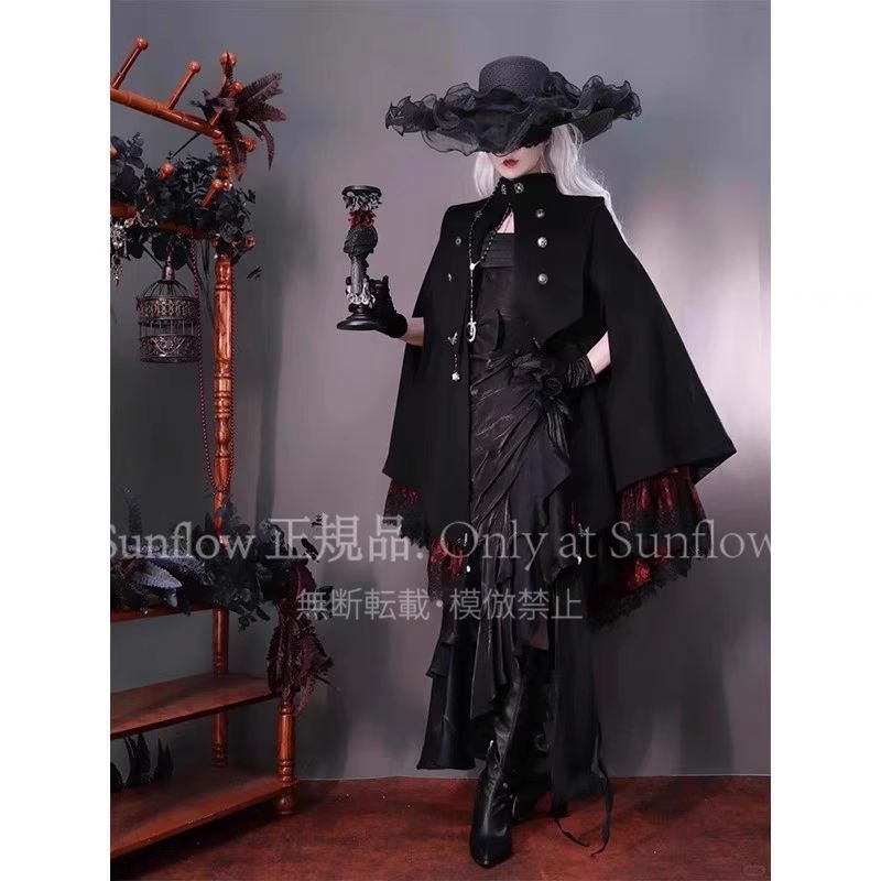 ゴシック 男女兼用 死神風 ブラックケープ 斗篷 コスプレ 日系暗黒復古 短款風衣素材＆姫袖シャツ 多色展開 S～XL