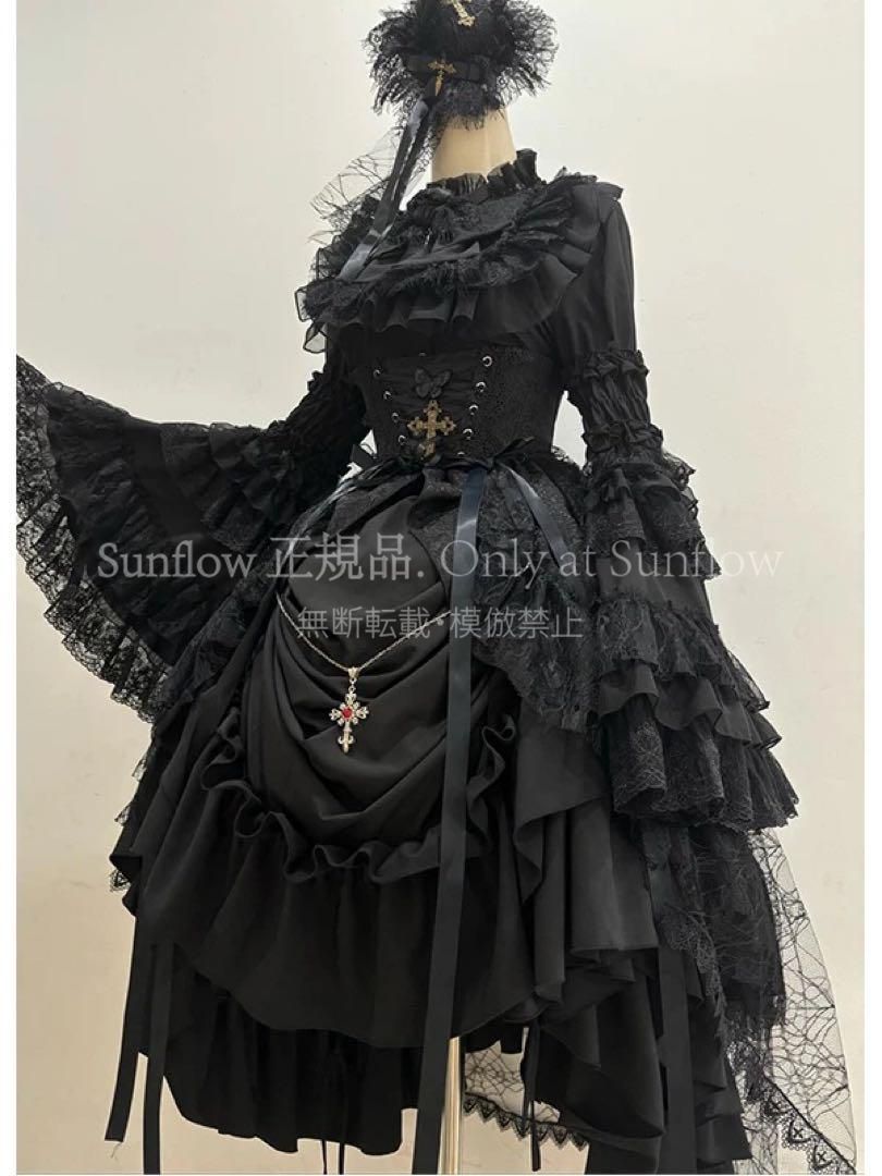 黒ゴスロリ ロリータ3点セット ゴシック スカート 姫袖ブラウス ウエストカバー
