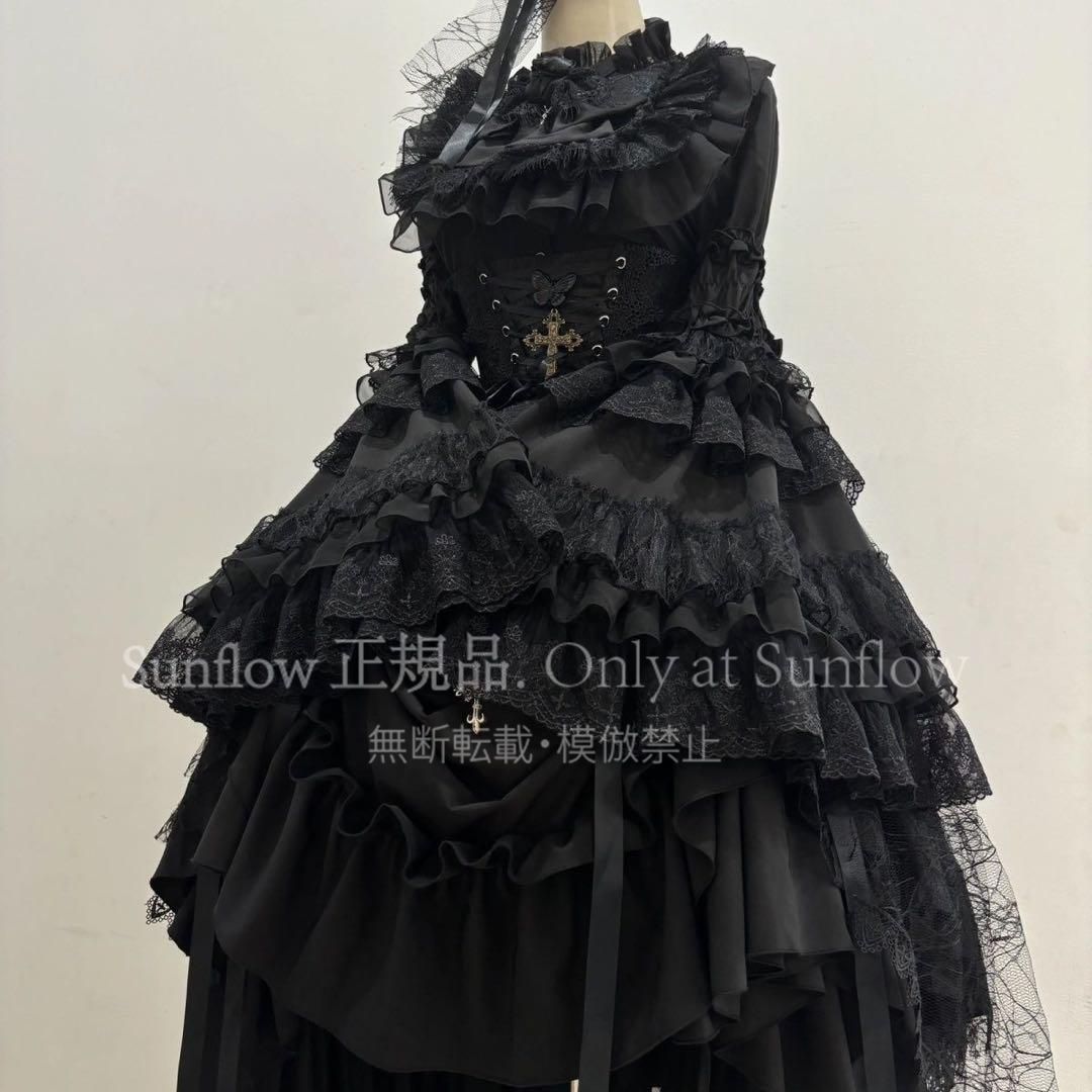 黒ゴスロリ ロリータ3点セット ゴシック スカート 姫袖ブラウス ウエストカバー