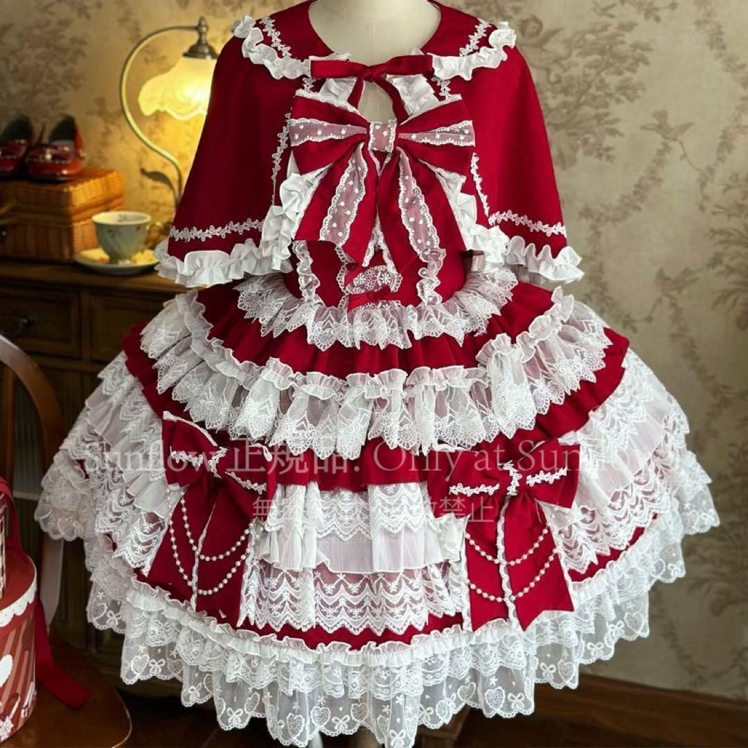 十字心結 ゴスロリ ロリータドレスフリル付き ロリィタドレス 赤と白