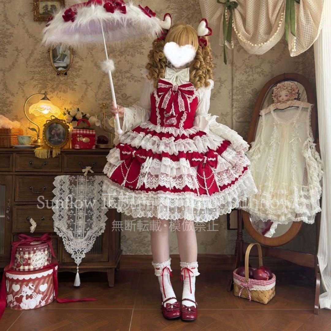  十字心結 ゴスロリ ロリータドレスフリル付き ロリィタドレス 赤と白 ゴスロリ ロリータ コスプレ衣装